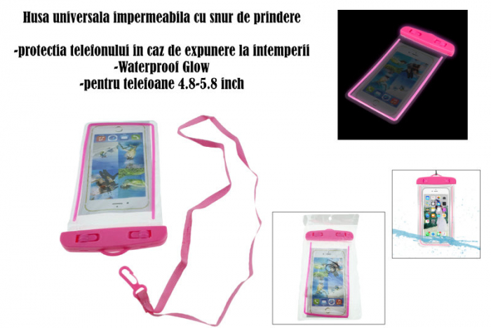 Husa universala impermeabila cu snur de prindere, Waterproof Glow 35277, pentru telefoane 4.8-5.8 inch, roz [6]