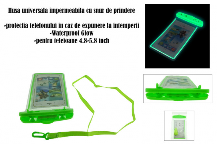 Husa universala impermeabila cu snur de prindere, Waterproof Glow 35279, pentru telefoane pana la 5.8 inch, verde [5]