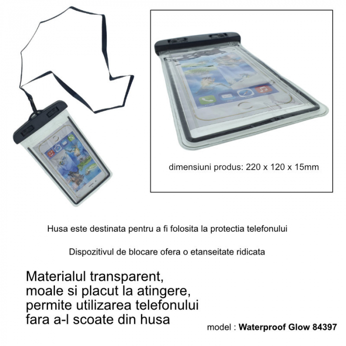 Husa universala impermeabila cu snur de prindere, Waterproof Glow 84397, pentru telefoane 4.8-5.8 inch, neagra [6]