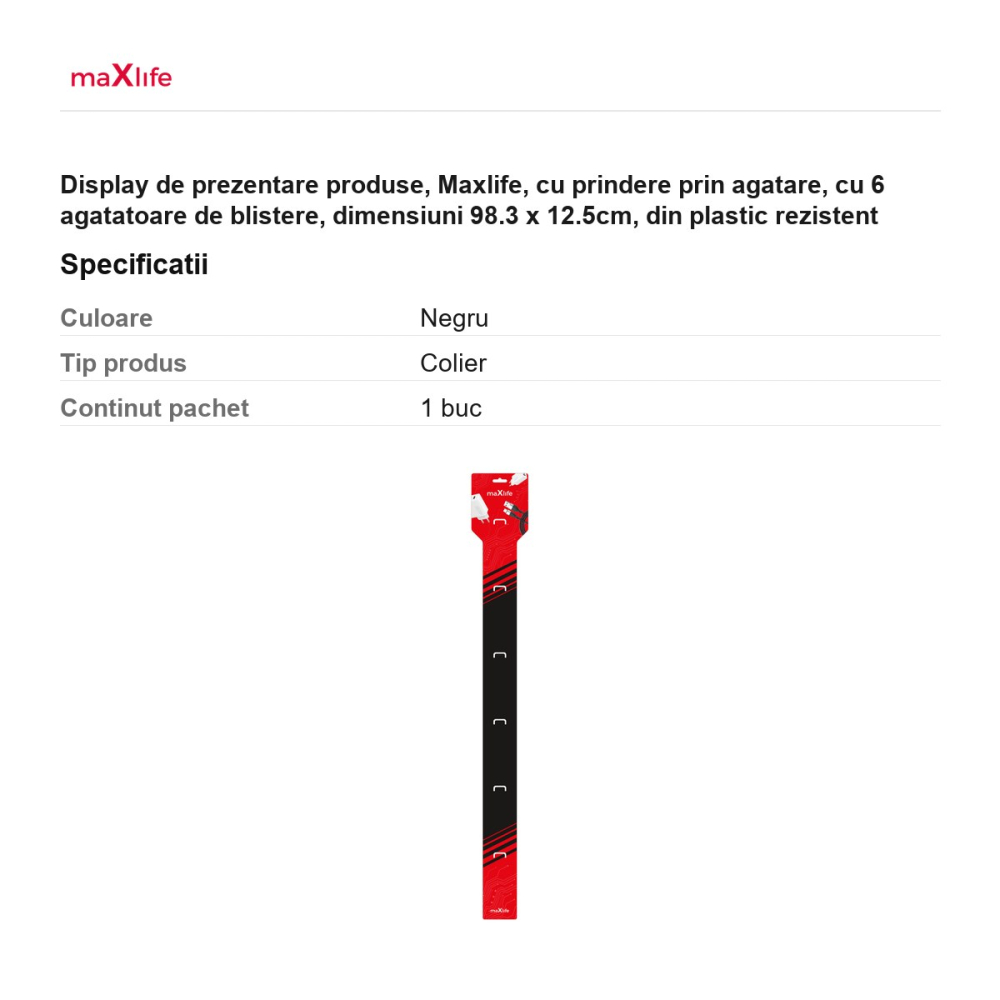Display de prezentare produse, Maxlife, cu prindere prin agatare, cu 6 agatatoare de blistere, dimensiuni 98.3 x 12.5cm, din plastic rezistent [3]