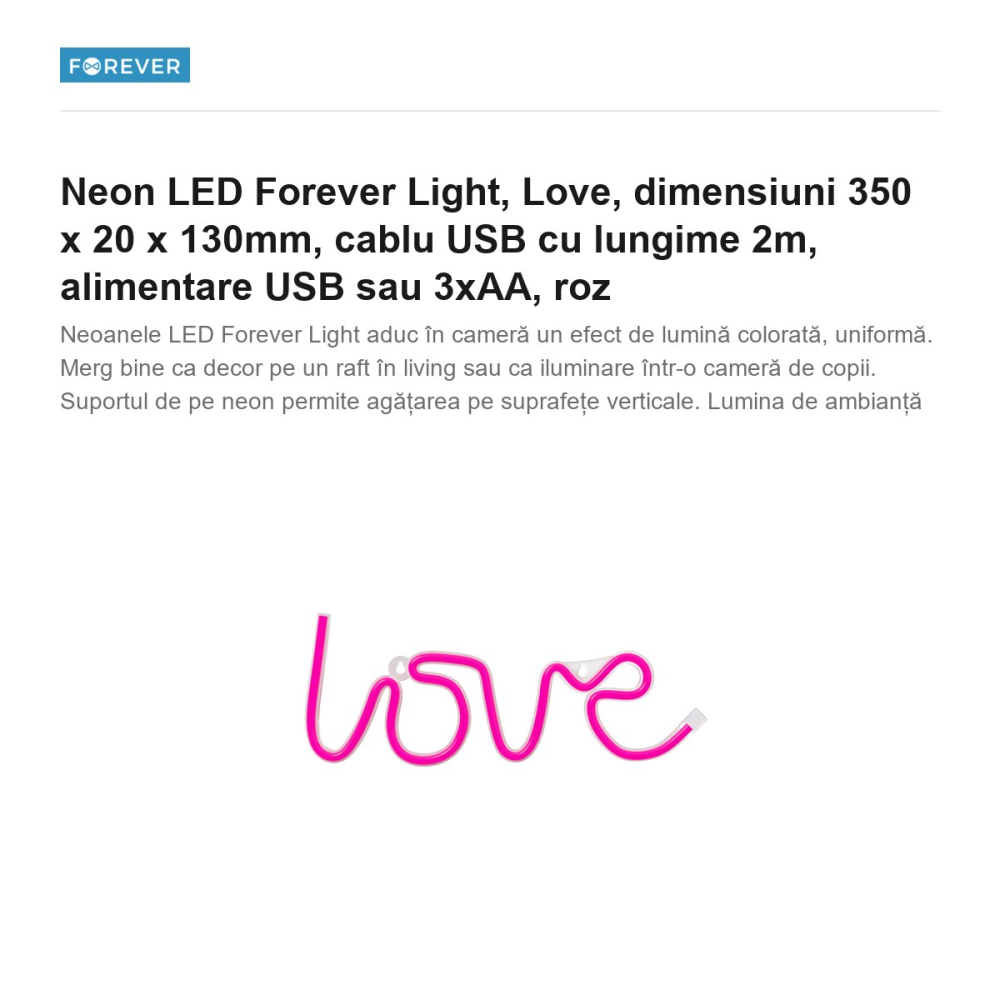 Neon LED Forever Light, Love, dimensiuni 350 x 20 x 130mm, cablu USB cu lungime 2m, alimentare USB sau 3xAA, roz [2]