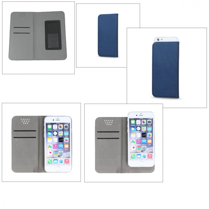 Husa universala pentru smartphone cu ecran de 4.7 inch pana la 5.3 inch, 150mm x 75mm, tip carte, cu inchidere magnetica si functie stand, buzunar card, Smart Flipbook Universal Silicon, albastru inch [5]