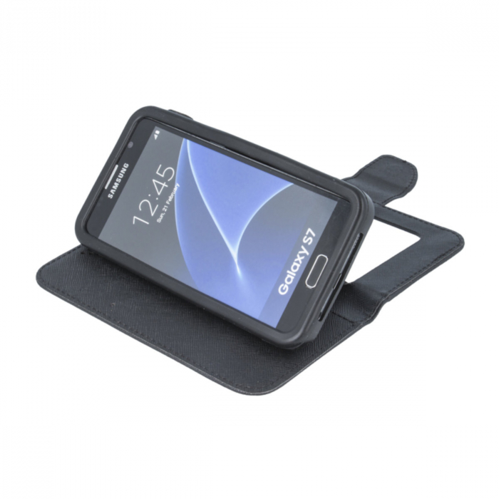 Husa universala pentru smartphone cu ecran de 6.1 inch pana la 6.7 inch, 167mm x 79mm, tip carte, cu inchidere magnetica si functie stand, buzunar card, Smart Universal Fancy Silicon, neagra [4]