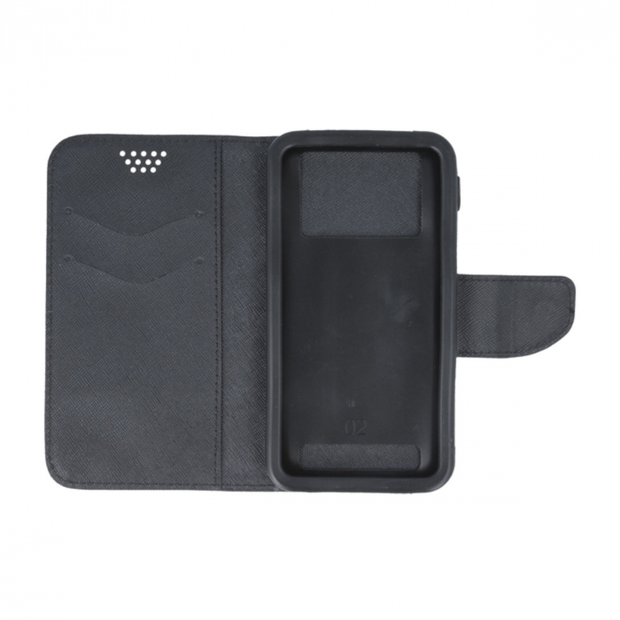 Husa universala pentru smartphone cu ecran de 6.1 inch pana la 6.7 inch, 167mm x 79mm, tip carte, cu inchidere magnetica si functie stand, buzunar card, Smart Universal Fancy Silicon, neagra [3]