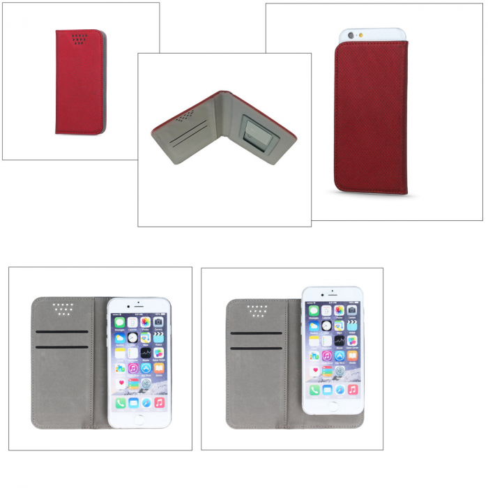 Husa universala pentru smartphone cu ecran de 6.6 inch pana la 6.9 inch, 173mm x 93mm, tip carte, cu inchidere magnetica si functie stand, buzunar card, Smart Flipbook Universal Silicon, rosie [4]
