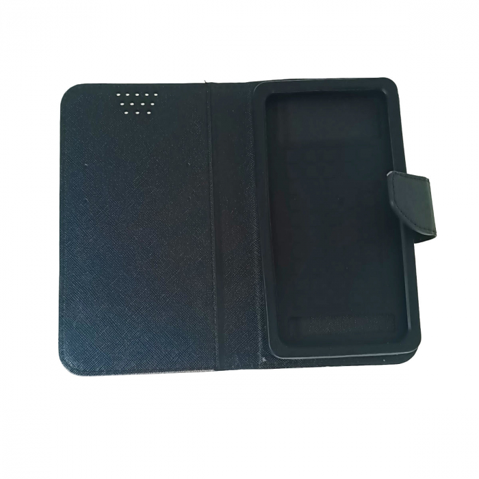 Husa universala pentru smartphone cu ecran de pana la 5.5 inch, 145mm x 80mm, tip carte, cu inchidere magnetica si functie stand, buzunar card, Smart Universal Fancy Silicon, auriu cu negru [5]