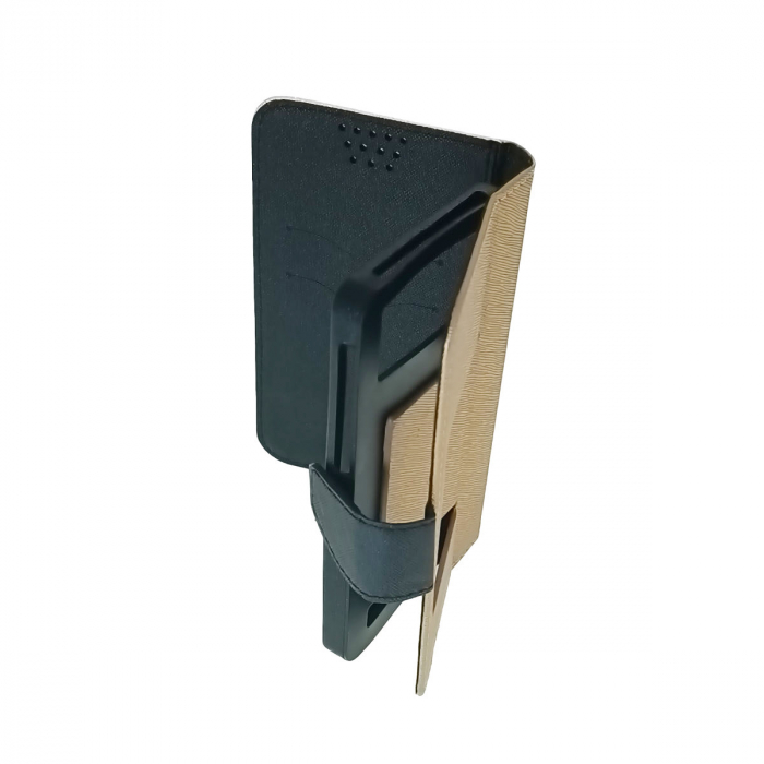 Husa universala pentru smartphone cu ecran de pana la 5.5 inch, 145mm x 80mm, tip carte, cu inchidere magnetica si functie stand, buzunar card, Smart Universal Fancy Silicon, auriu cu negru [4]