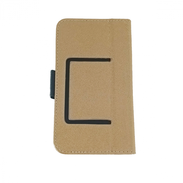 Husa universala pentru smartphone cu ecran de pana la 5.5 inch, 145mm x 80mm, tip carte, cu inchidere magnetica si functie stand, buzunar card, Smart Universal Fancy Silicon, auriu cu negru [2]