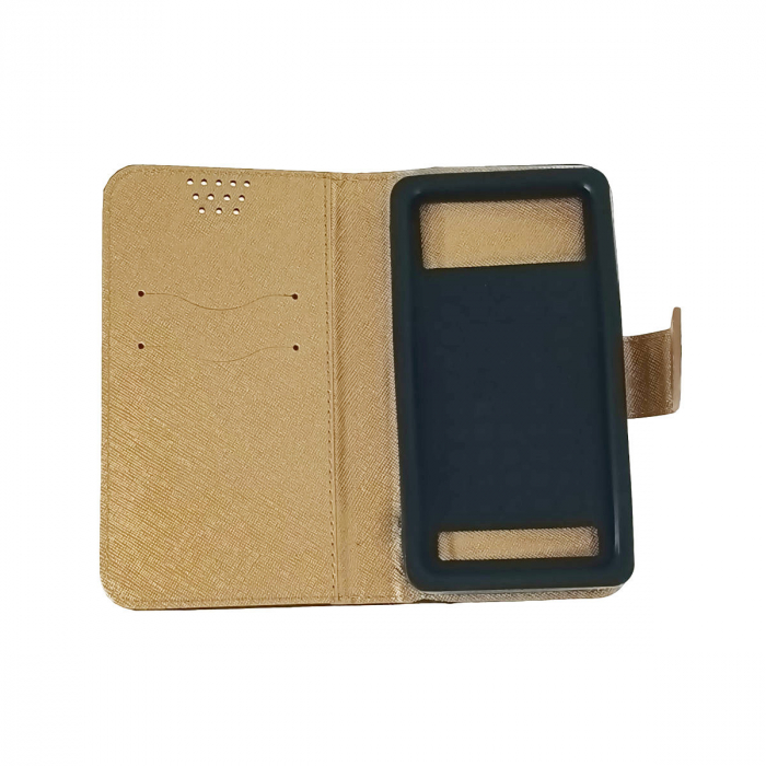 Husa universala pentru smartphone cu ecran de pana la 5.5 inch, 159mm x 87mm, tip carte, cu inchidere magnetica si functie stand, buzunar card, Smart Universal Fancy Silicon, neagra cu auriu [4]