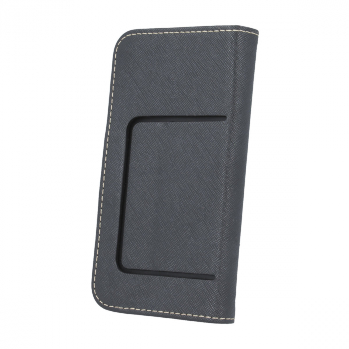 Husa universala pentru smartphone cu ecran de pana la 5.5 inch, 159mm x 87mm, tip carte, cu inchidere magnetica si functie stand, buzunar card, Smart Universal Fancy Silicon, neagra cu auriu [2]