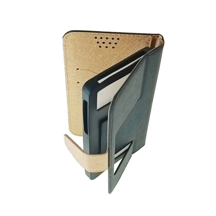 Husa universala pentru smartphone cu ecran de pana la 5.5 inch, 159mm x 87mm, tip carte, cu inchidere magnetica si functie stand, buzunar card, Smart Universal Fancy Silicon, neagra cu auriu [5]
