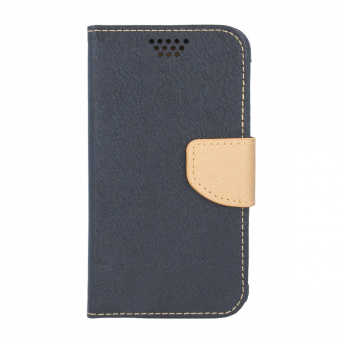 Husa universala pentru smartphone cu ecran de pana la 5.5 inch, 159mm x 87mm, tip carte, cu inchidere magnetica si functie stand, buzunar card, Smart Universal Fancy Silicon, neagra cu auriu [3]