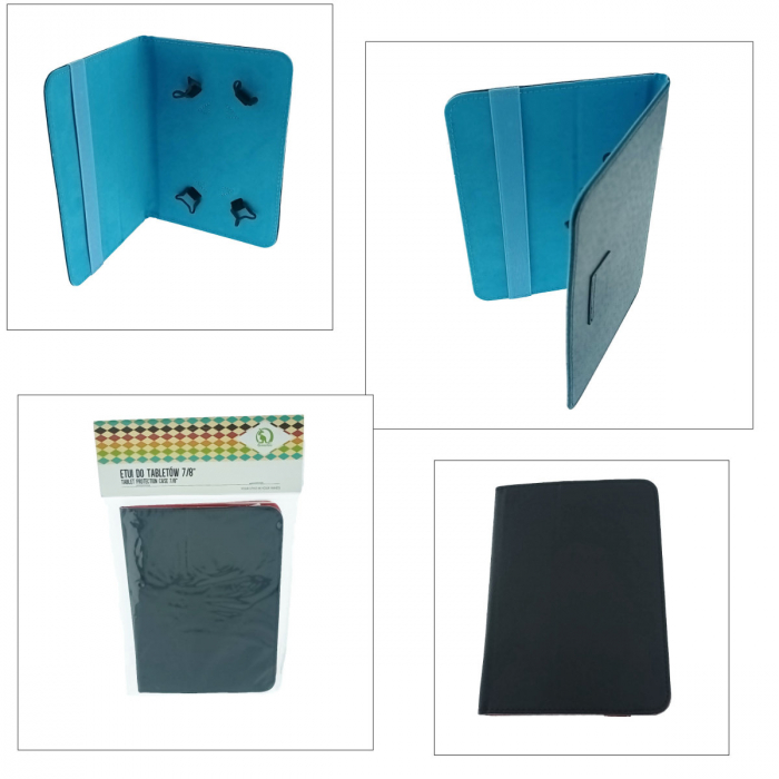 Husa universala tableta 7 - 8 inch, cu suport pliabil vizualizare, banda elastica, 220 x 156 x 15 mm, 130g, neagra cu albastru [5]
