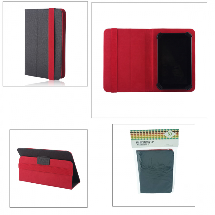 Husa universala tableta 7 - 8 inch, cu suport pliabil vizualizare, banda elastica, 220 x 156 x 15 mm, 130g, neagra cu rosu [5]