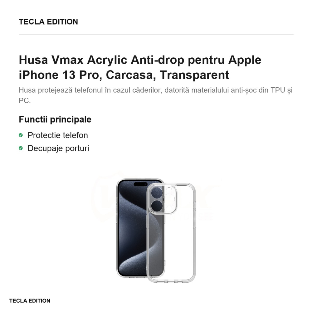 Husa Vmax Acrylic Anti-drop pentru Apple iPhone 13 Pro, Carcasa, Transparent [2]