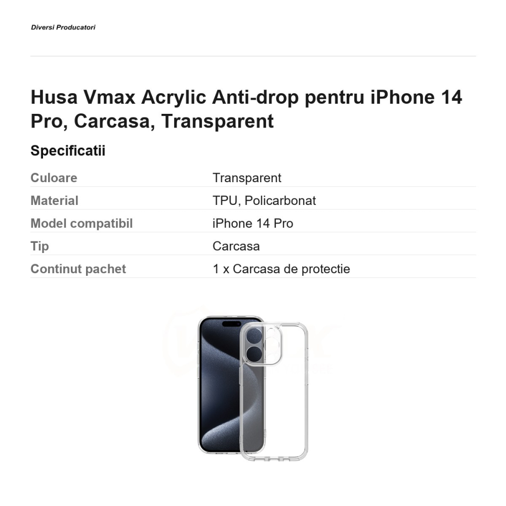 Husa Vmax Acrylic Anti-drop pentru iPhone 14 Pro, Carcasa, Transparent [3]