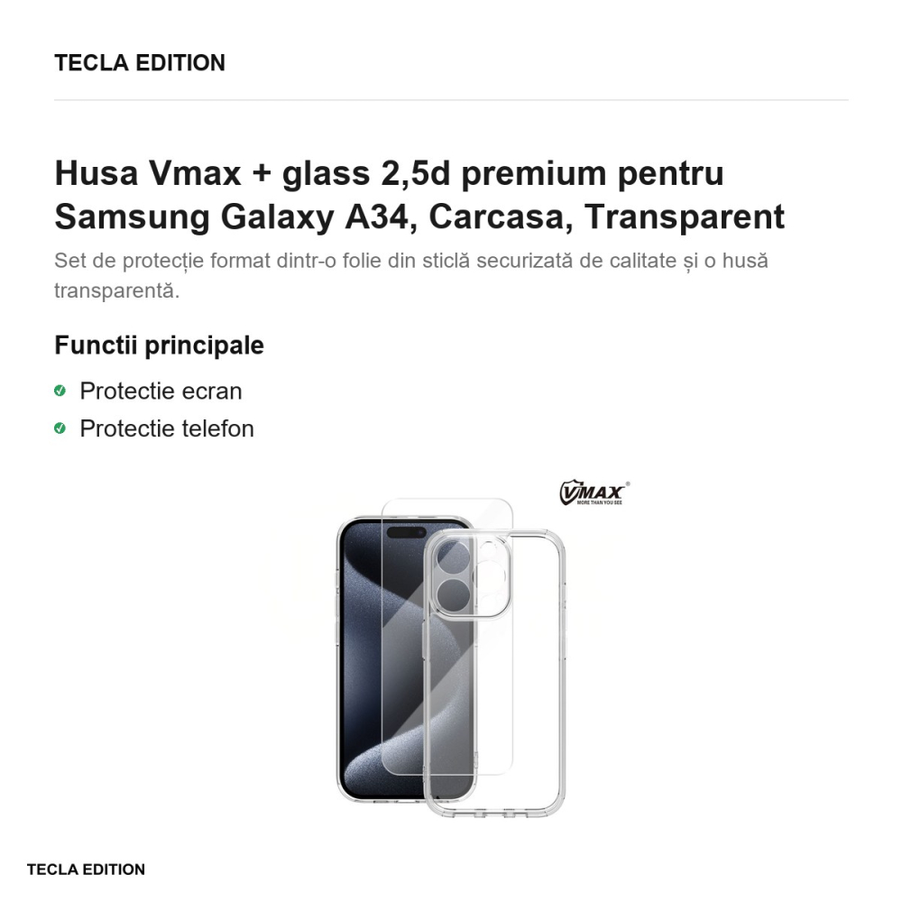 Husa Vmax + glass 2,5d premium pentru Samsung Galaxy A34, Carcasa, Transparent [2]