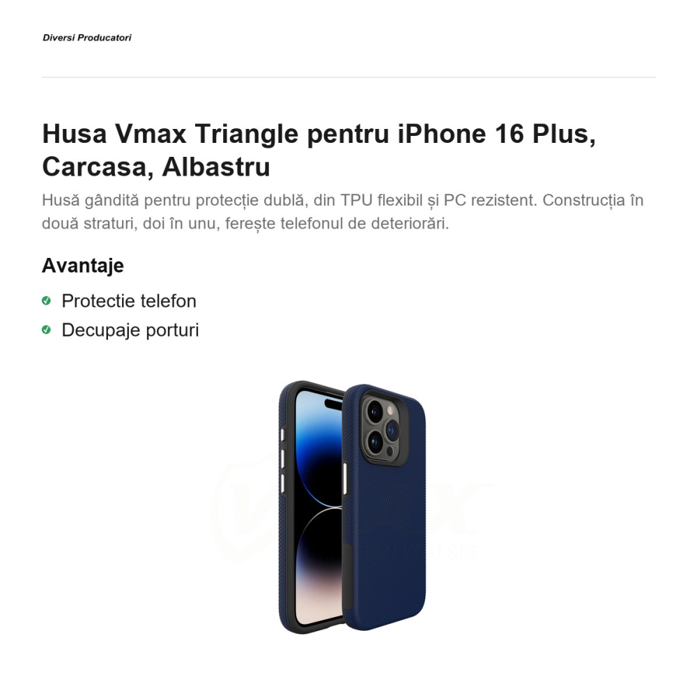 Husa Vmax Triangle pentru iPhone 16 Plus, Carcasa, Albastru [2]
