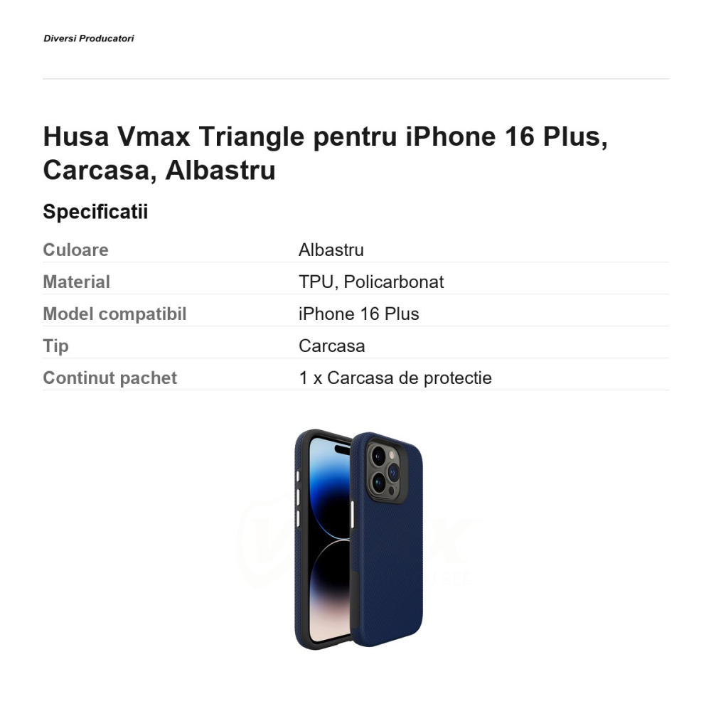 Husa Vmax Triangle pentru iPhone 16 Plus, Carcasa, Albastru [3]