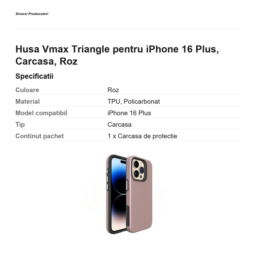 Husa Vmax Triangle pentru iPhone 16 Plus, Carcasa, Roz [3]