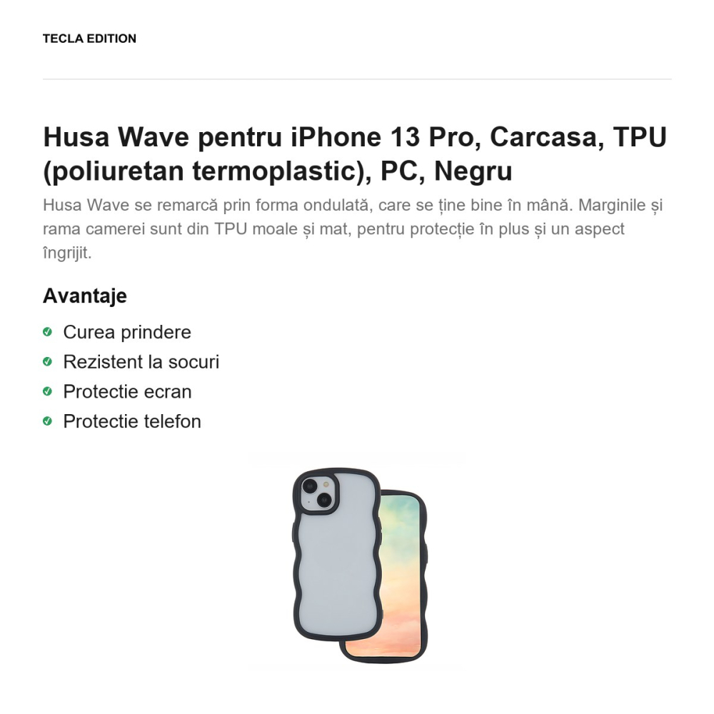 Husa Wave pentru iPhone 13 Pro, Carcasa, TPU (poliuretan termoplastic), PC, Negru [2]