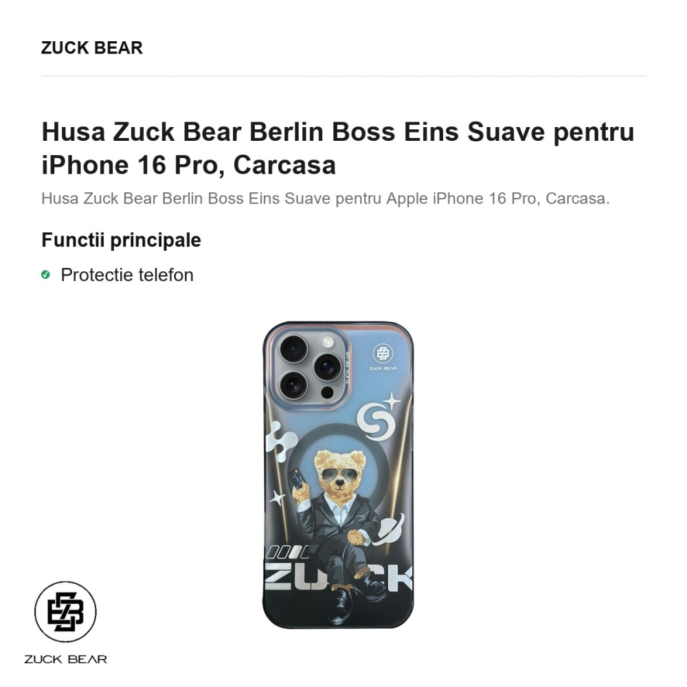 Husa Zuck Bear Berlin Boss Eins Suave pentru iPhone 16 Pro, Carcasa [2]