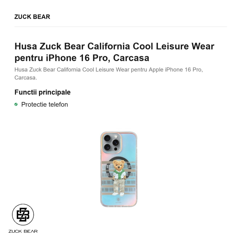 Husa Zuck Bear California Cool Leisure Wear pentru iPhone 16 Pro, Carcasa [2]