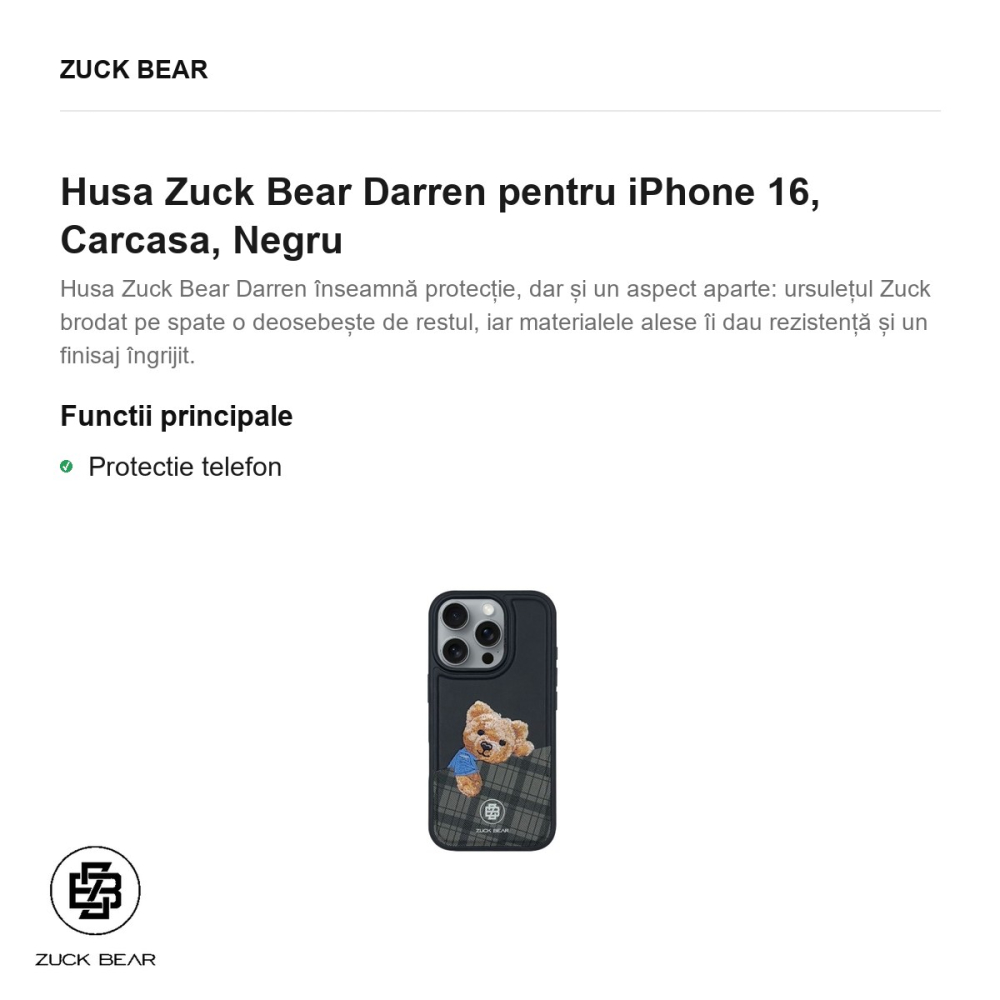 Husa Zuck Bear Darren pentru iPhone 16, Carcasa, Negru [2]