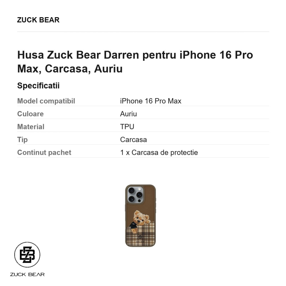 Husa Zuck Bear Darren pentru iPhone 16 Pro Max, Carcasa, Auriu [3]