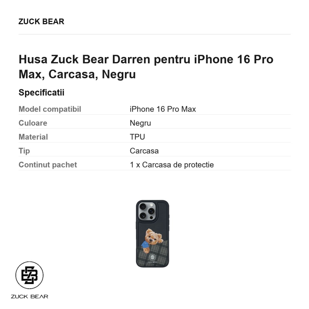 Husa Zuck Bear Darren pentru iPhone 16 Pro Max, Carcasa, Negru [3]