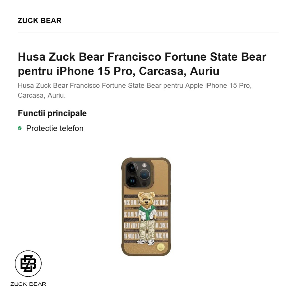 Husa Zuck Bear Francisco Fortune State Bear pentru iPhone 15 Pro, Carcasa, Auriu [2]