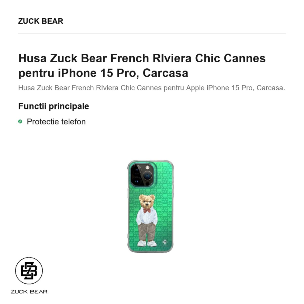 Husa Zuck Bear French RIviera Chic Cannes pentru iPhone 15 Pro, Carcasa [2]