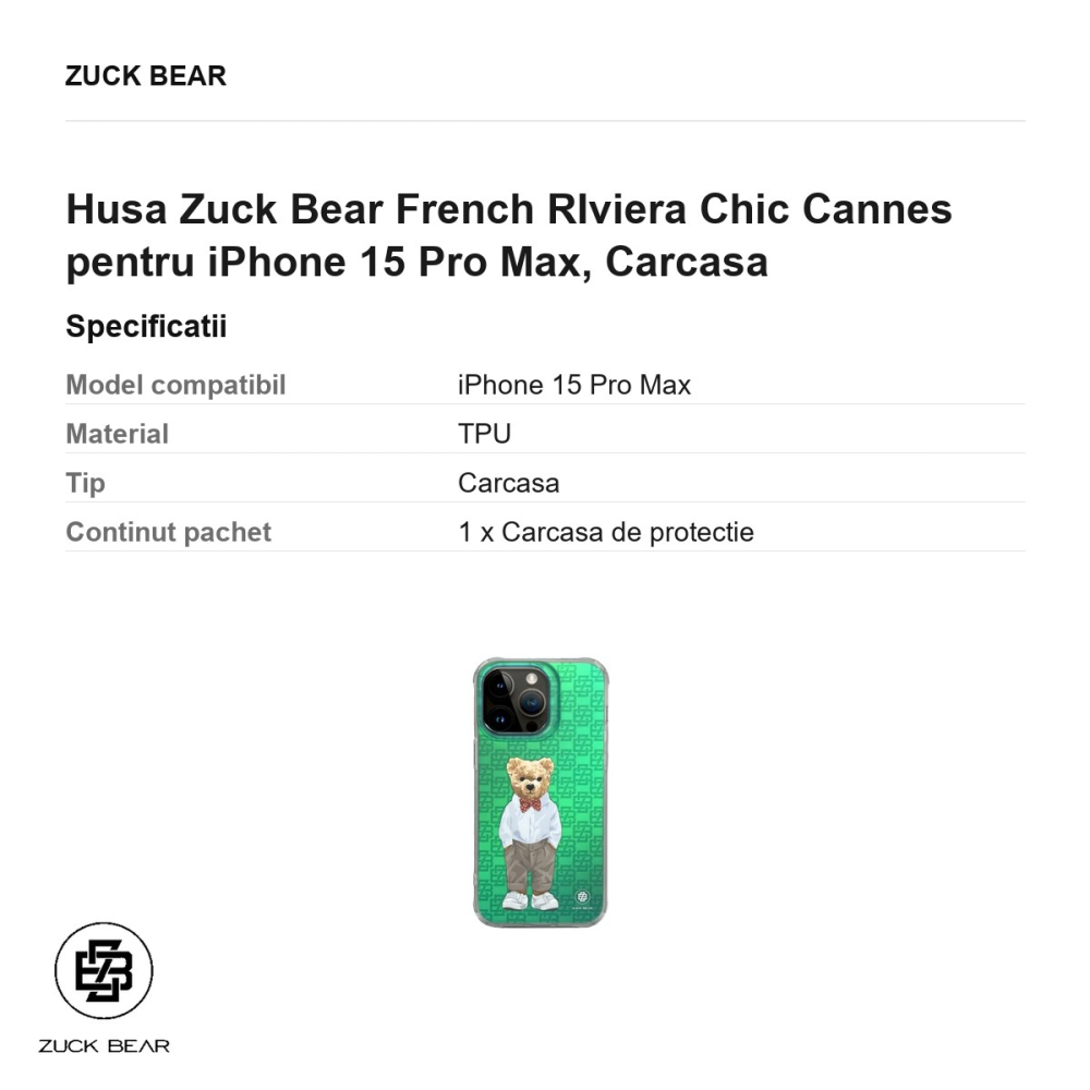 Husa Zuck Bear French RIviera Chic Cannes pentru iPhone 15 Pro Max, Carcasa [3]