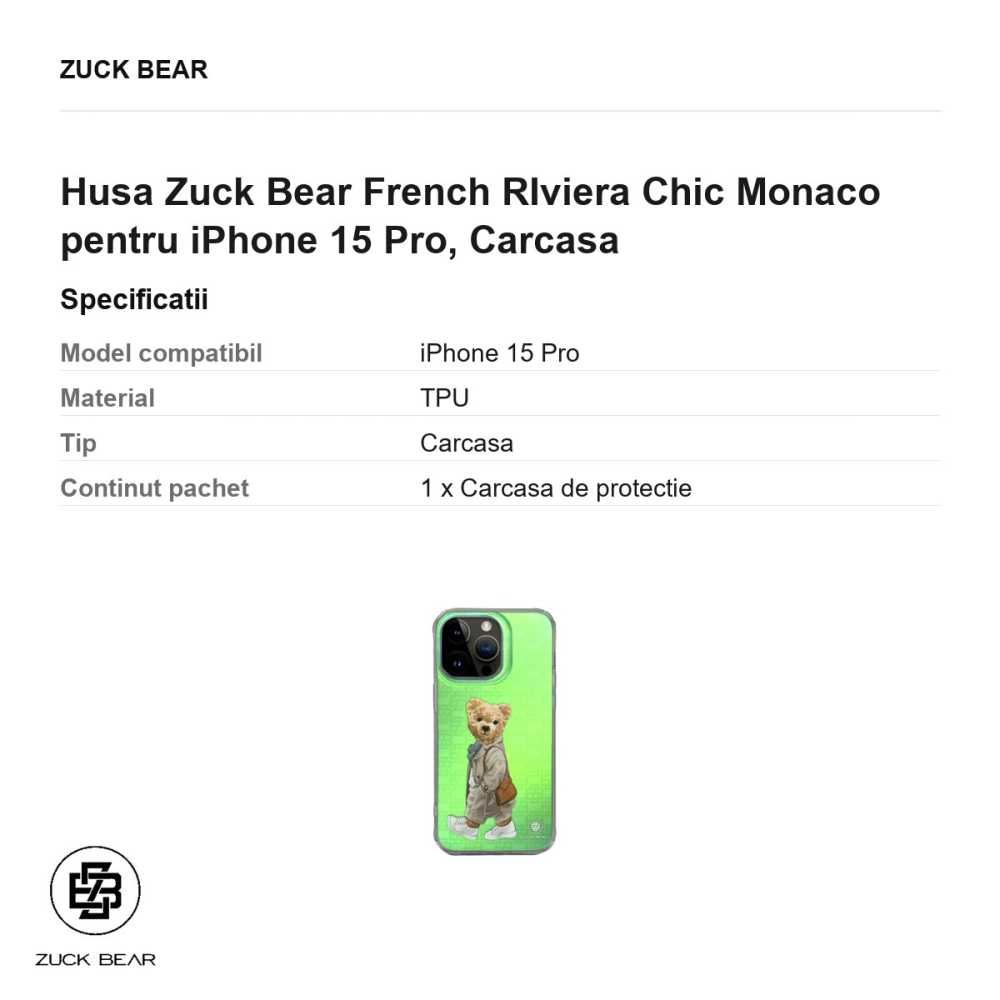 Husa Zuck Bear French RIviera Chic Monaco pentru iPhone 15 Pro, Carcasa [3]
