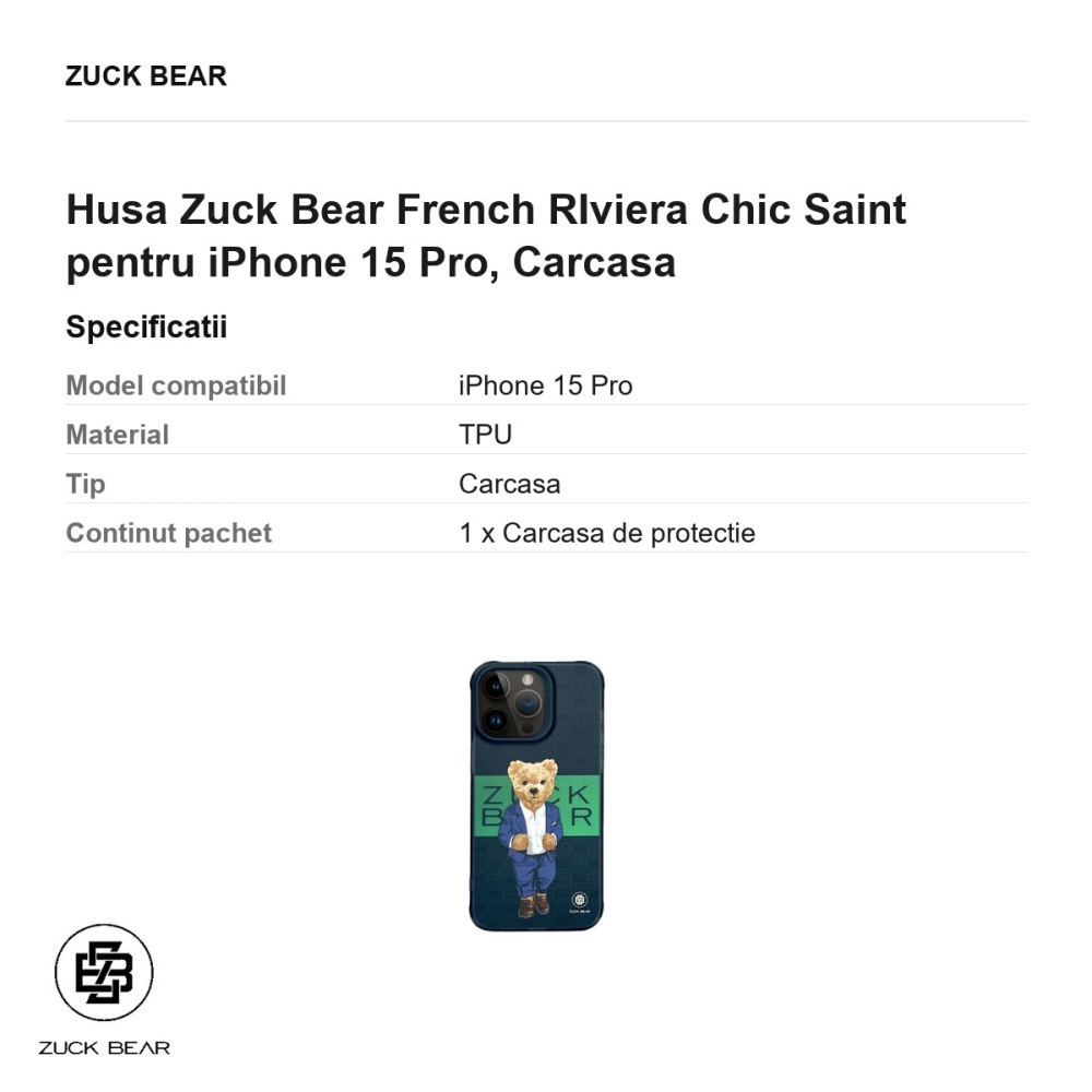 Husa Zuck Bear French RIviera Chic Saint pentru iPhone 15 Pro, Carcasa [3]