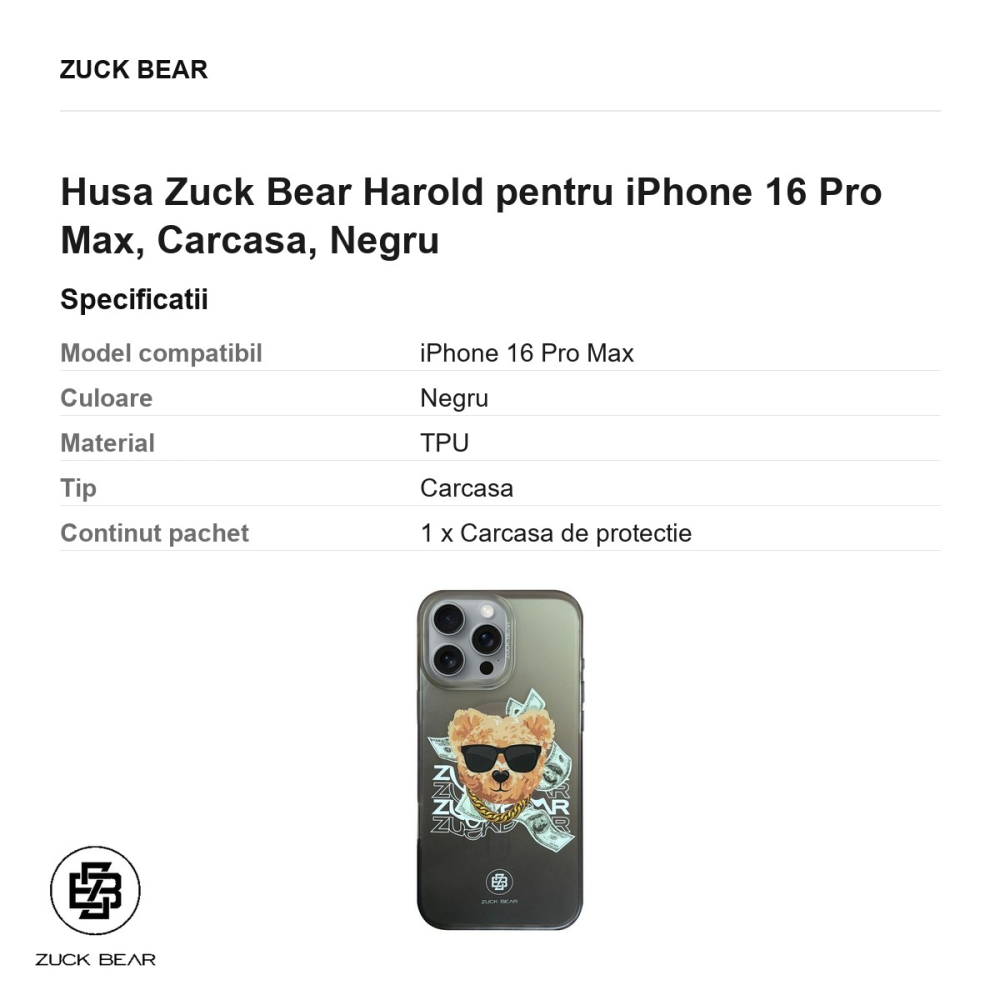 Husa Zuck Bear Harold pentru iPhone 16 Pro Max, Carcasa, Negru [3]