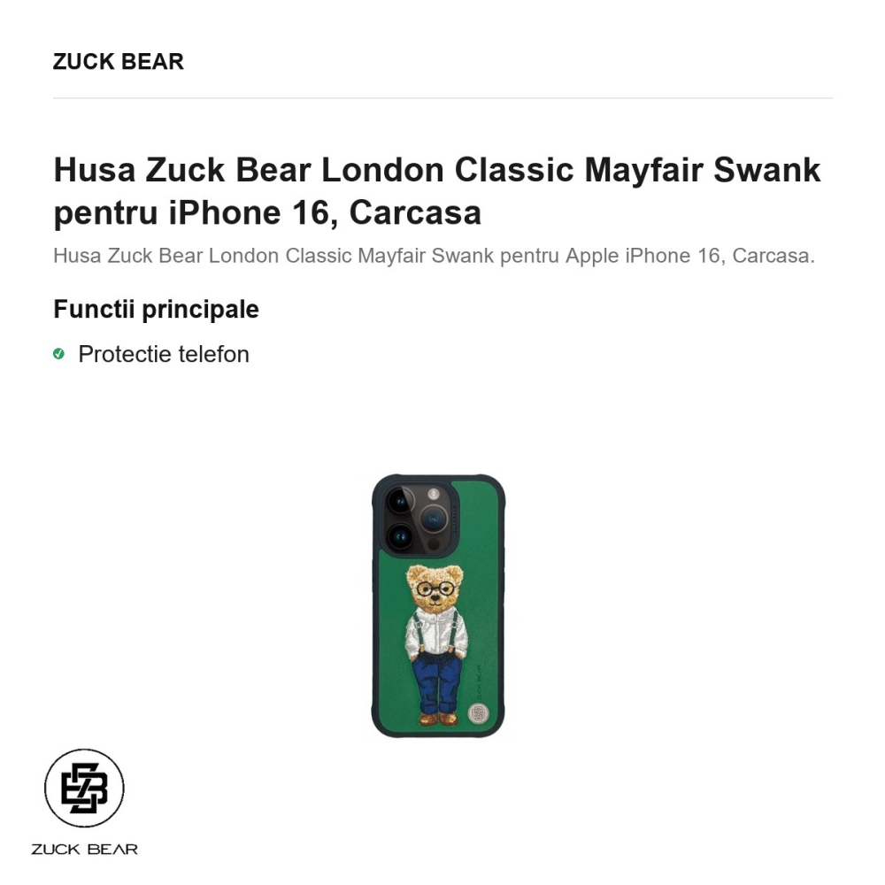 Husa Zuck Bear London Classic Mayfair Swank pentru iPhone 16, Carcasa [2]