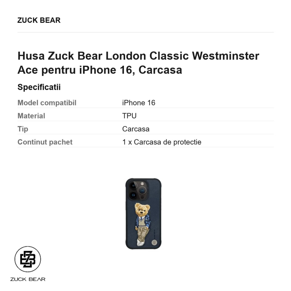 Husa Zuck Bear London Classic Westminster Ace pentru iPhone 16, Carcasa [3]