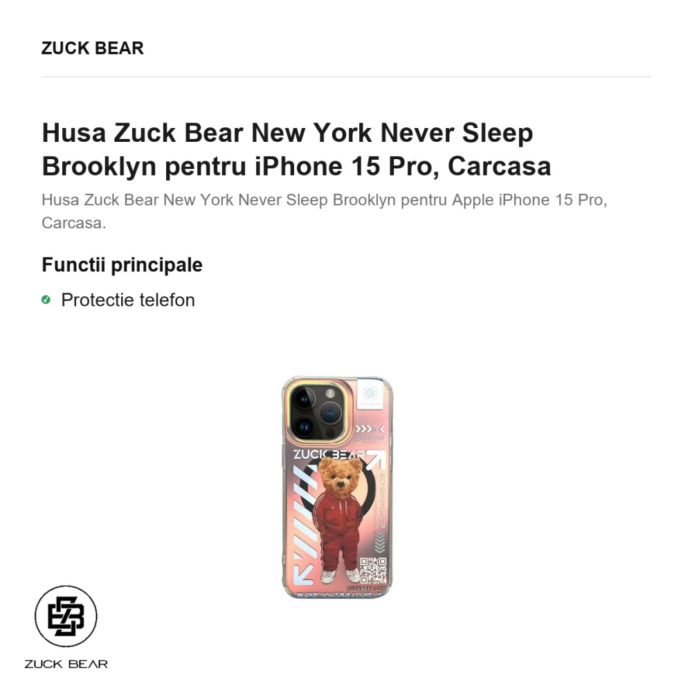 Husa Zuck Bear New York Never Sleep Brooklyn pentru iPhone 15 Pro, Carcasa [2]