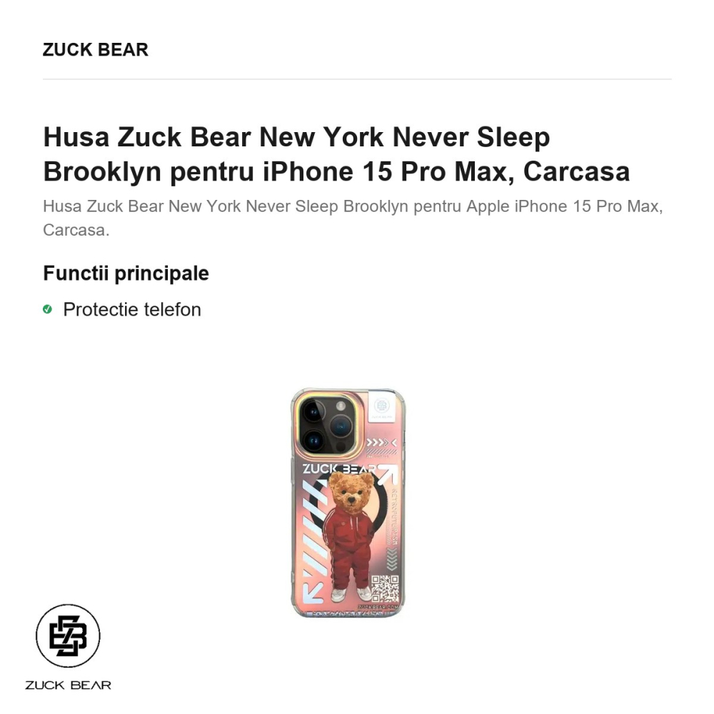 Husa Zuck Bear New York Never Sleep Brooklyn pentru iPhone 15 Pro Max, Carcasa [2]