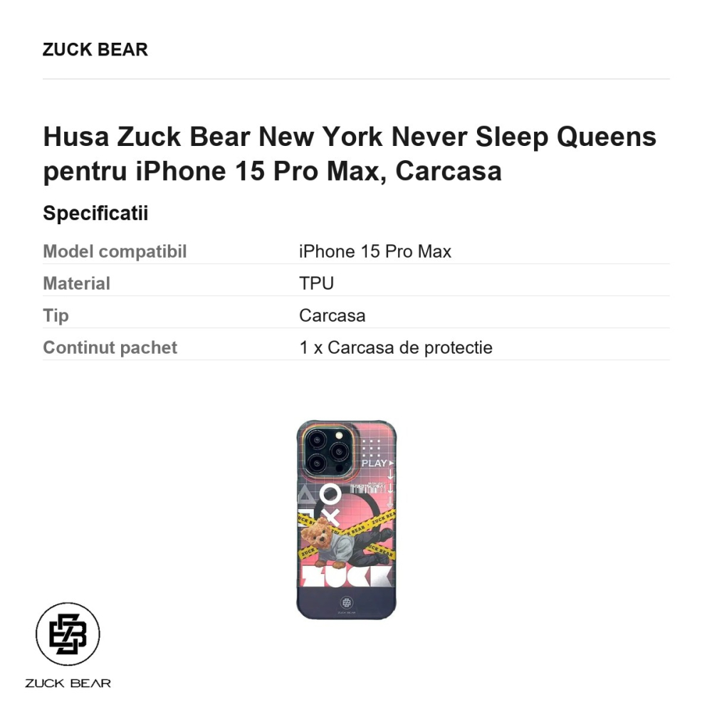 Husa Zuck Bear New York Never Sleep Queens pentru iPhone 15 Pro Max, Carcasa [3]