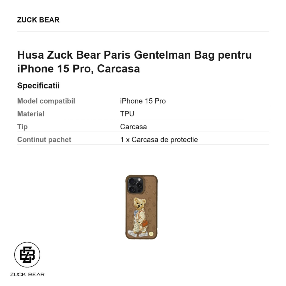 Husa Zuck Bear Paris Gentelman Bag pentru iPhone 15 Pro, Carcasa [3]