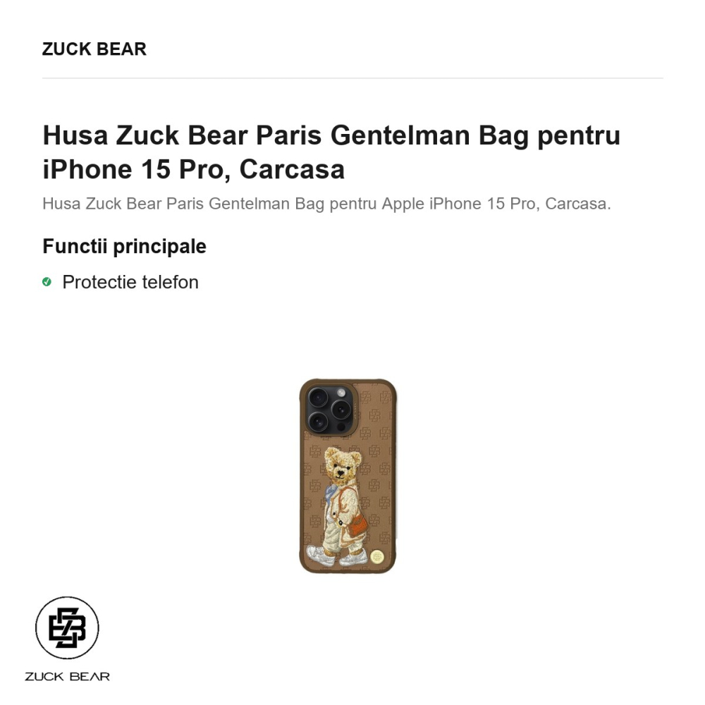 Husa Zuck Bear Paris Gentelman Bag pentru iPhone 15 Pro, Carcasa [2]