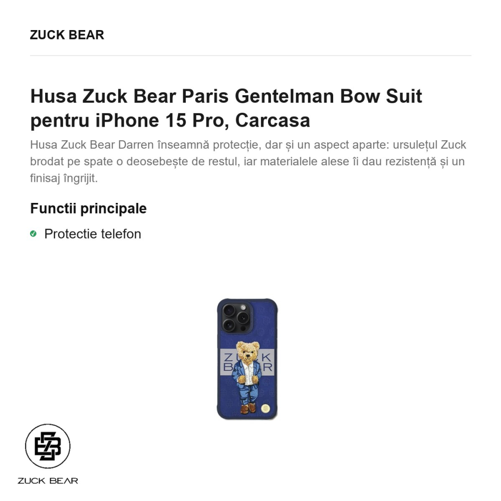 Husa Zuck Bear Paris Gentelman Bow Suit pentru iPhone 15 Pro, Carcasa [2]