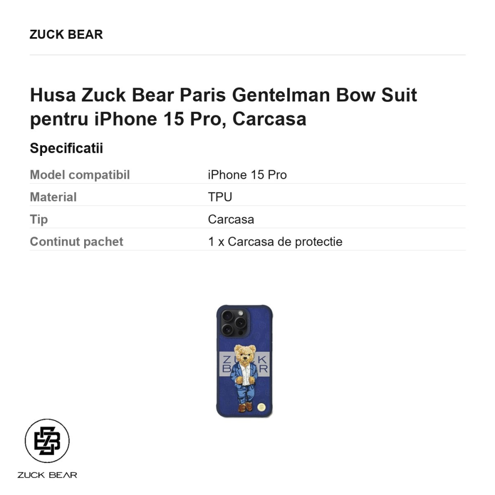 Husa Zuck Bear Paris Gentelman Bow Suit pentru iPhone 15 Pro, Carcasa [3]