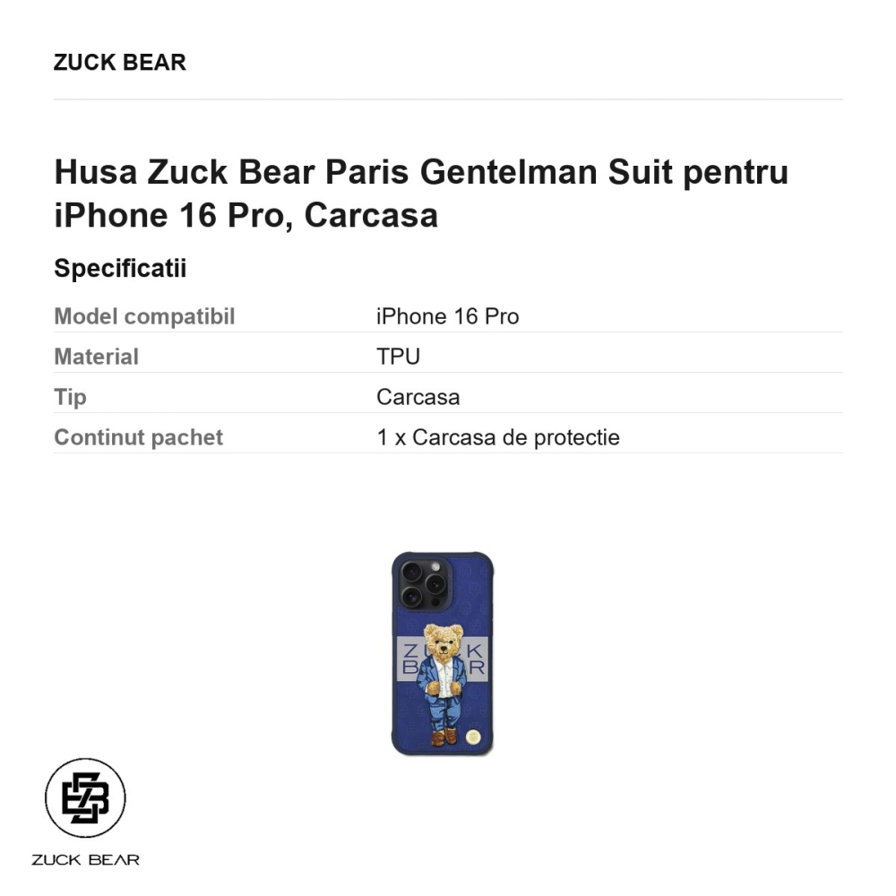 Husa Zuck Bear Paris Gentelman Suit pentru iPhone 16 Pro, Carcasa [3]