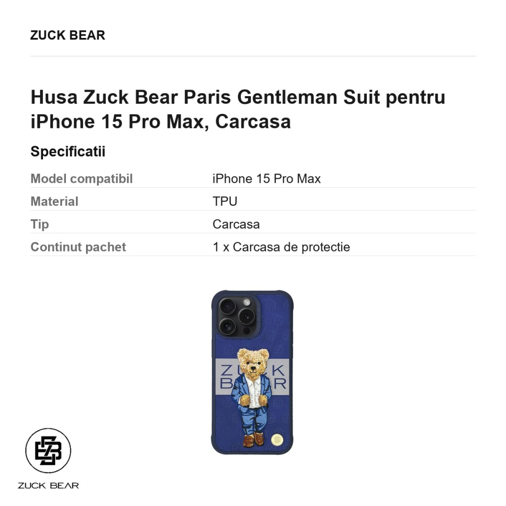 Husa Zuck Bear Paris Gentleman Suit pentru iPhone 15 Pro Max, Carcasa [3]