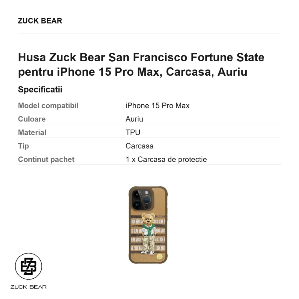 Husa Zuck Bear San Francisco Fortune State pentru iPhone 15 Pro Max, Carcasa, Auriu [3]