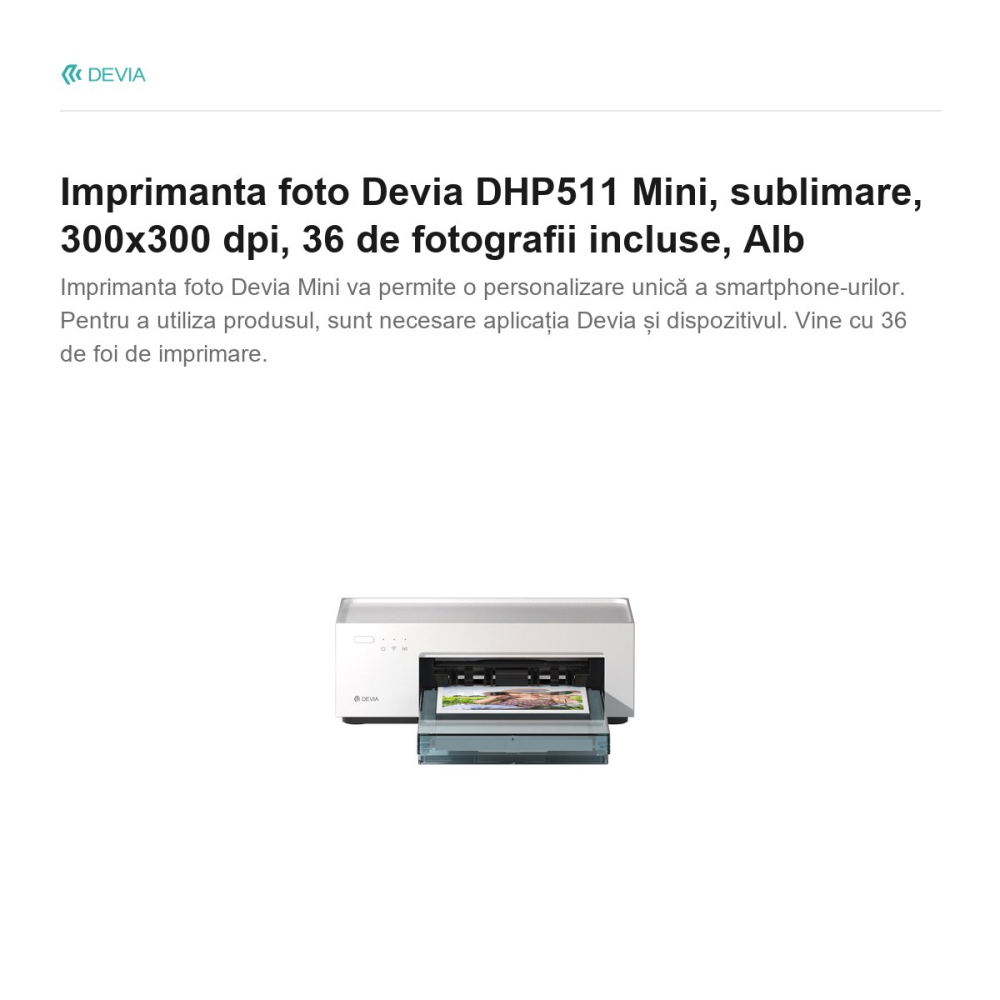 Imprimanta foto Devia DHP511 Mini, sublimare, 300x300 dpi, 36 de fotografii incluse, Alb [2]