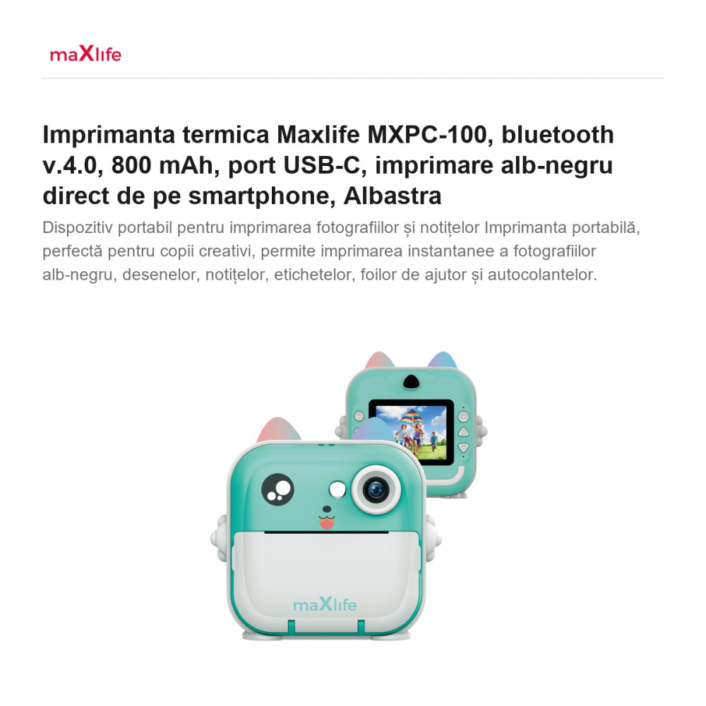 Imprimanta termica Maxlife MXPC-100, bluetooth v.4.0, 800 mAh, port USB-C, imprimare alb-negru direct de pe smartphone, Albastra [2]
